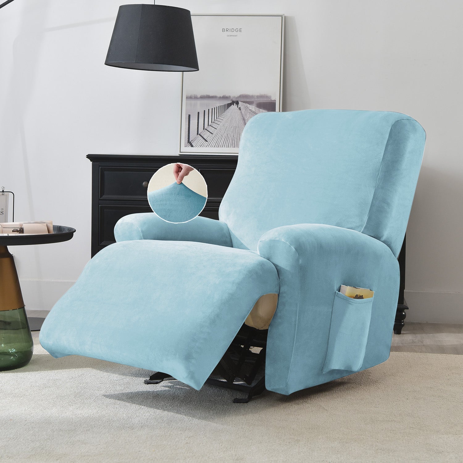 Housse Fauteuil Relax Velours Extensible Bleu A – 6 Pièces Antidérapantes Avec Poches, Pour Canapé 2 Places 121-165 Cm
