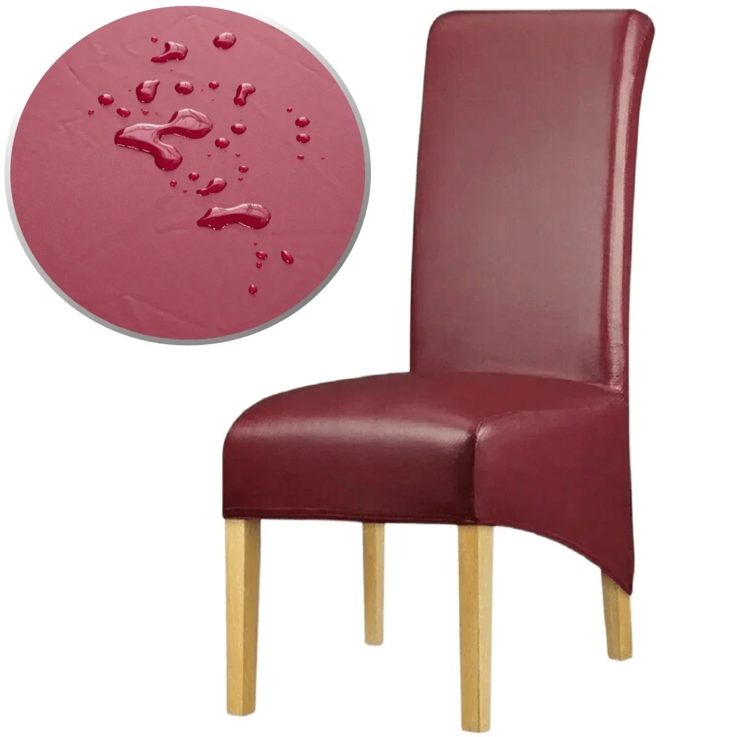 Chaise simili cuir deluxe en rouge bordeaux avec pieds en bois, Housse de Chaise Simili-Cuir XL