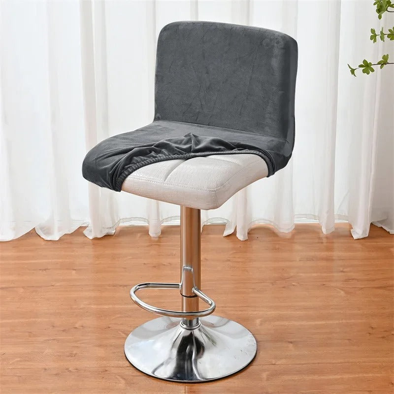 Tabouret de bar en velours gris avec coussin blanc sur base en chrome